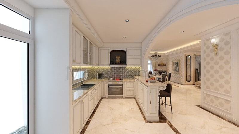Mẫu thiết kế phòng bếp chung cư phong cách tẩn cổ điển được bố trí liền kề không hề có vách ngăn mang đến sự thuận tiện và linh hoạt cho không gian sống. Thiết kế phòng bếp chung cư