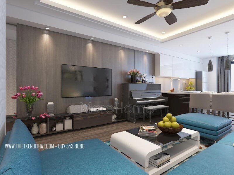 Trang trí phòng khách chung cư ấn tượng với kệ ti vi gỗ công nghiệp