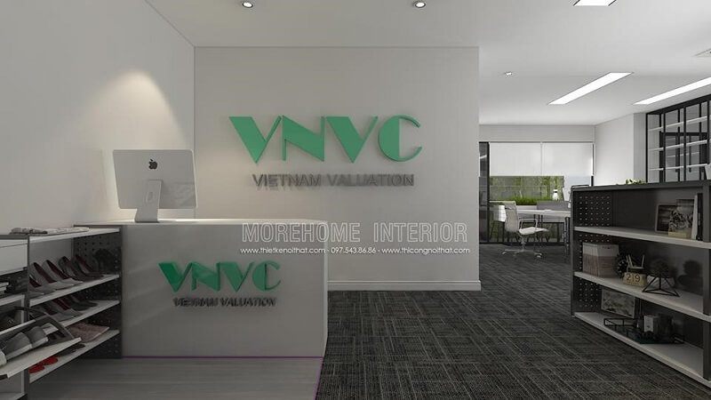 Thiết kế nội thất quầy lễ tân VNVC sử dụng gỗ công nghiệp An Cường mang đến vẻ đep sang trọng, hiện đại cho văn phòng công ty.