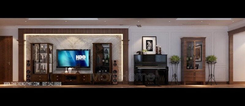 Trang trí phòng khách chung cư cao cấp với kệ tủ gỗ óc chó