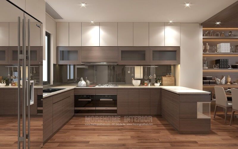 Thiết kế tủ bếp chung cư kiểu dáng chữ U với các khu vực được phân bố hợp lý, phân chia góc không gian nhà bếp hài hòa