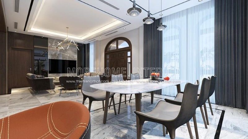 Nội thất phòng ăn được thiết kế linh hoạt, ấn tượng, phần tường gạch được thay thế bằng vách kính cường lực tận dụng được tối đa ánh sáng tự nhiên từ bên ngoài