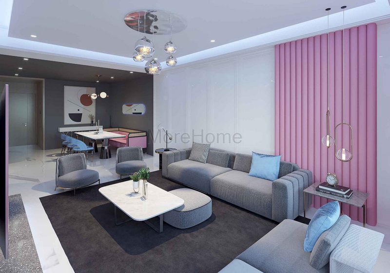 Nội thất phòng khách hiện đại được thiết kế với tone màu xen lẫn ghi - hồng tạo không gian hài hòa, nhẹ nhàng cho căn phòng