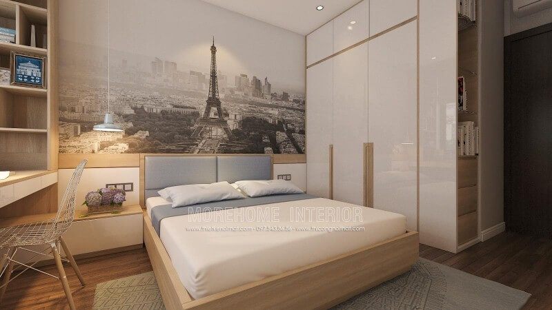 Sáng tác ý tưởng trong thiết kế nội thất phòng ngủ nhỏ bằng cách sử dụng tab đầu giường làm kệ trang trí, tủ quần áo lồng với kệ để đồ cùng đèn thả để tạo nên ấn tượng, giúp không gian phòng ngủ luôn đẹp và thông thoáng.